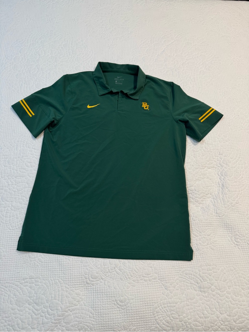 Nike Green Polo with Yellow Baylor Logo and Sleeve Stripes